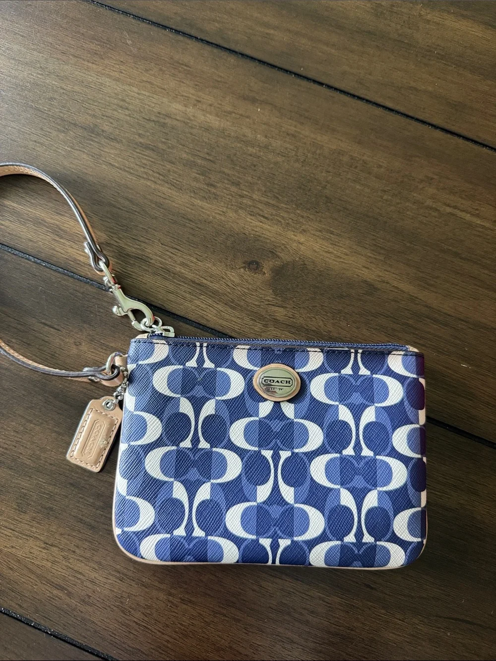 Coach Blue Signature Pattern Wristlet with Tan Strap